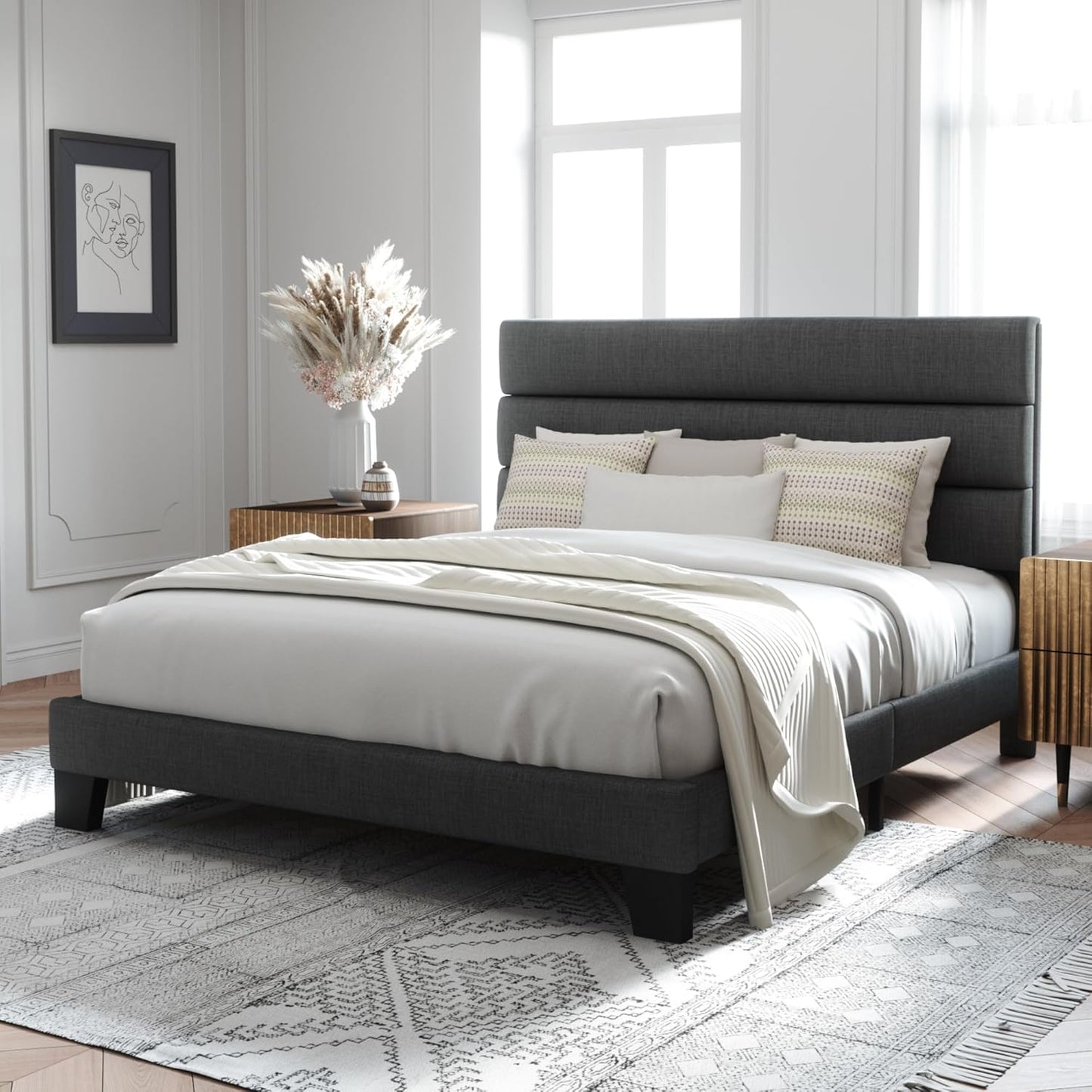 LuxeRise Upholstered Platform Bed – Queen Size with Padded Headboard & Wood Slat Support, No Box Spring Needed
