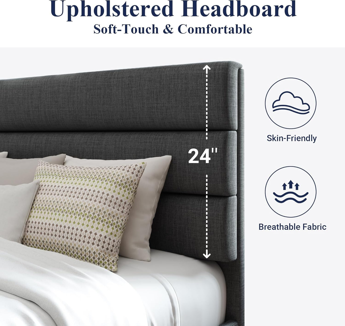 LuxeRise Upholstered Platform Bed – Queen Size with Padded Headboard & Wood Slat Support, No Box Spring Needed