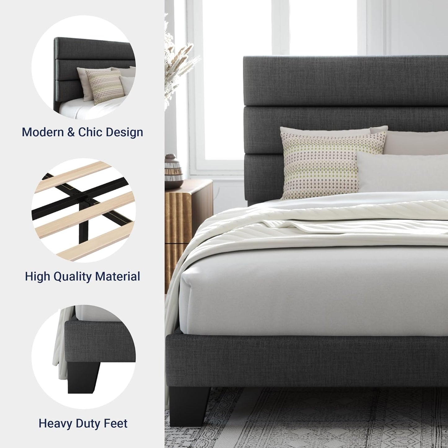 LuxeRise Upholstered Platform Bed – Queen Size with Padded Headboard & Wood Slat Support, No Box Spring Needed