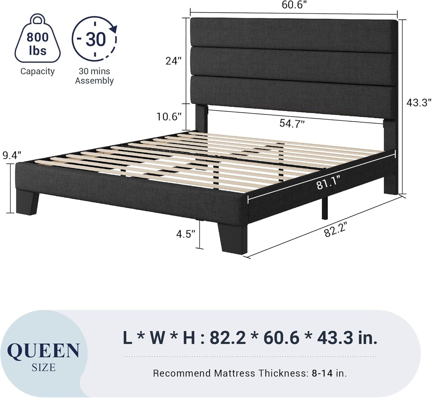 LuxeRise Upholstered Platform Bed – Queen Size with Padded Headboard & Wood Slat Support, No Box Spring Needed
