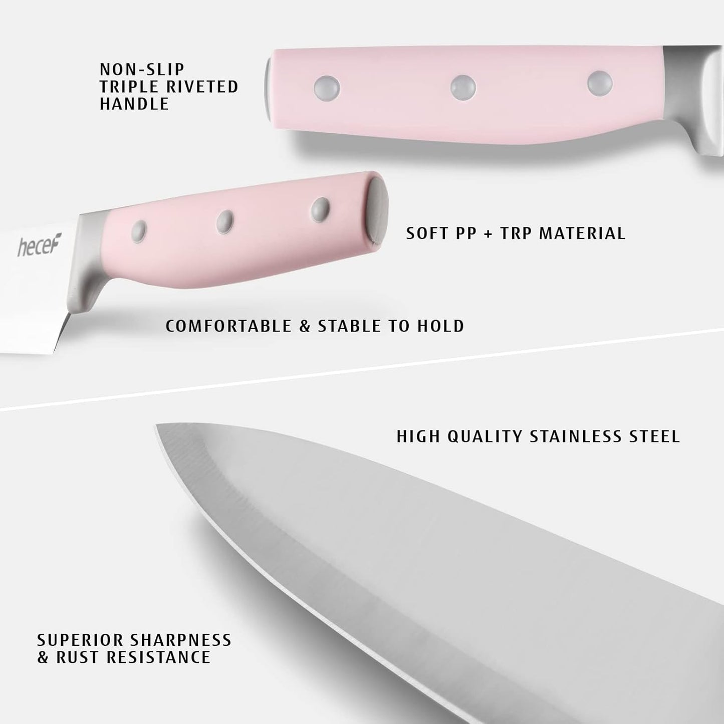 Kitchen Knife Block Set, 14 Pieces Knife Set with Wooden Block & Sharpener Steel & All-purpose Scissors, High Carbon Stainless Steel Cutlery Set (Pink)