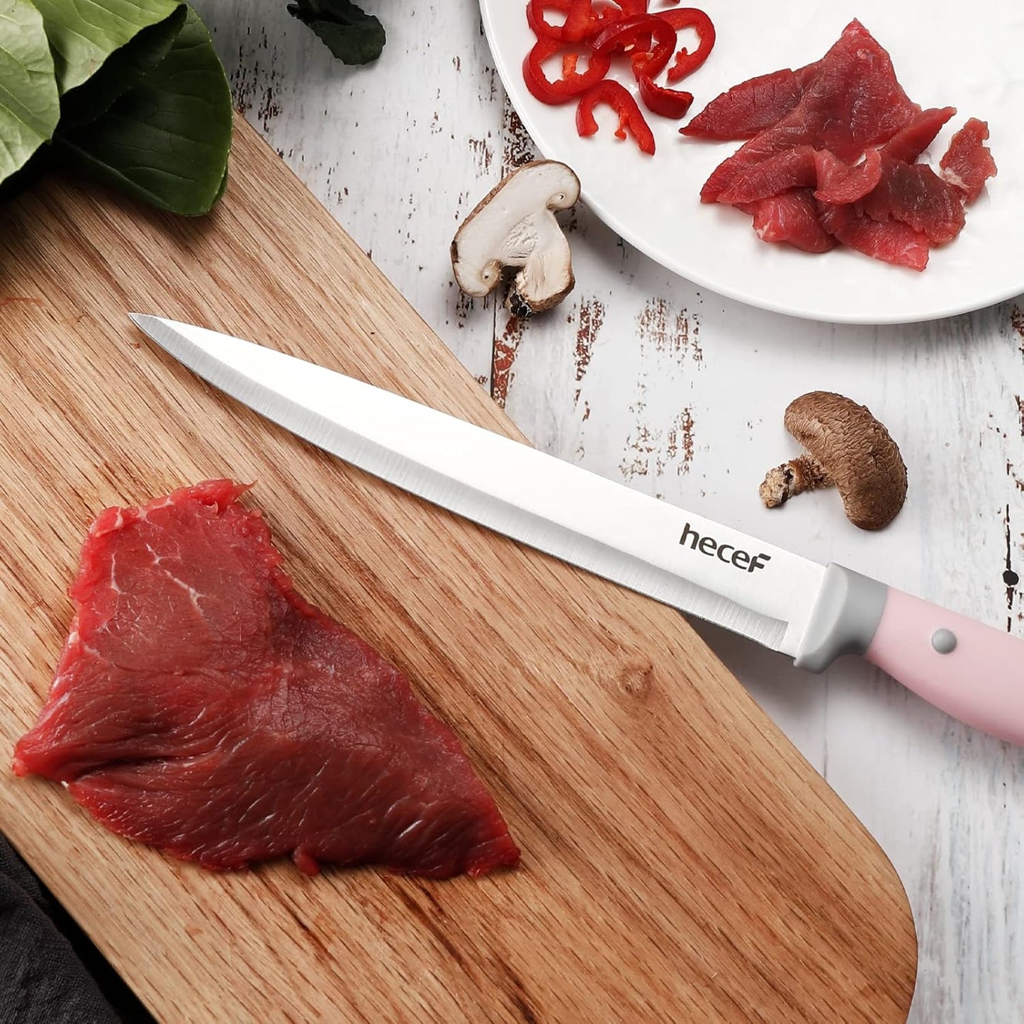 Kitchen Knife Block Set, 14 Pieces Knife Set with Wooden Block & Sharpener Steel & All-purpose Scissors, High Carbon Stainless Steel Cutlery Set (Pink)