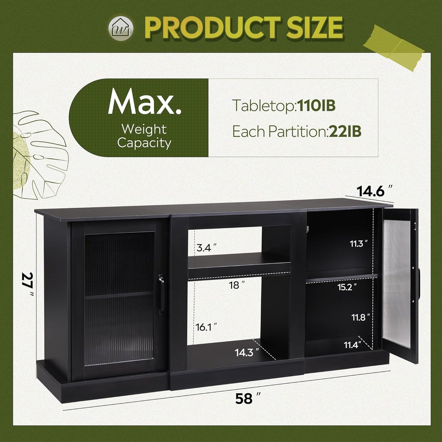 Modern Retro 58” TV Stand with Ribbed Acrylic Doors – Media Console for TVs up to 65”, Adjustable Shelves & Cable Management