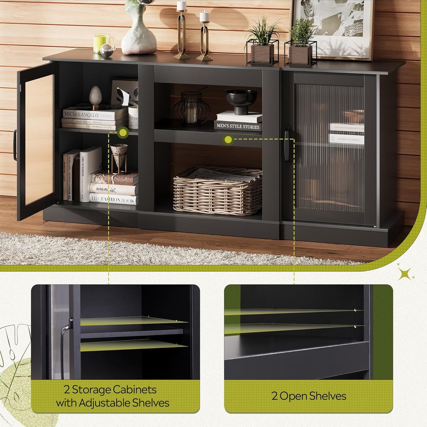 Modern Retro 58” TV Stand with Ribbed Acrylic Doors – Media Console for TVs up to 65”, Adjustable Shelves & Cable Management