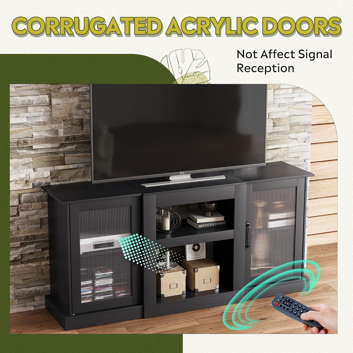 Modern Retro 58” TV Stand with Ribbed Acrylic Doors – Media Console for TVs up to 65”, Adjustable Shelves & Cable Management