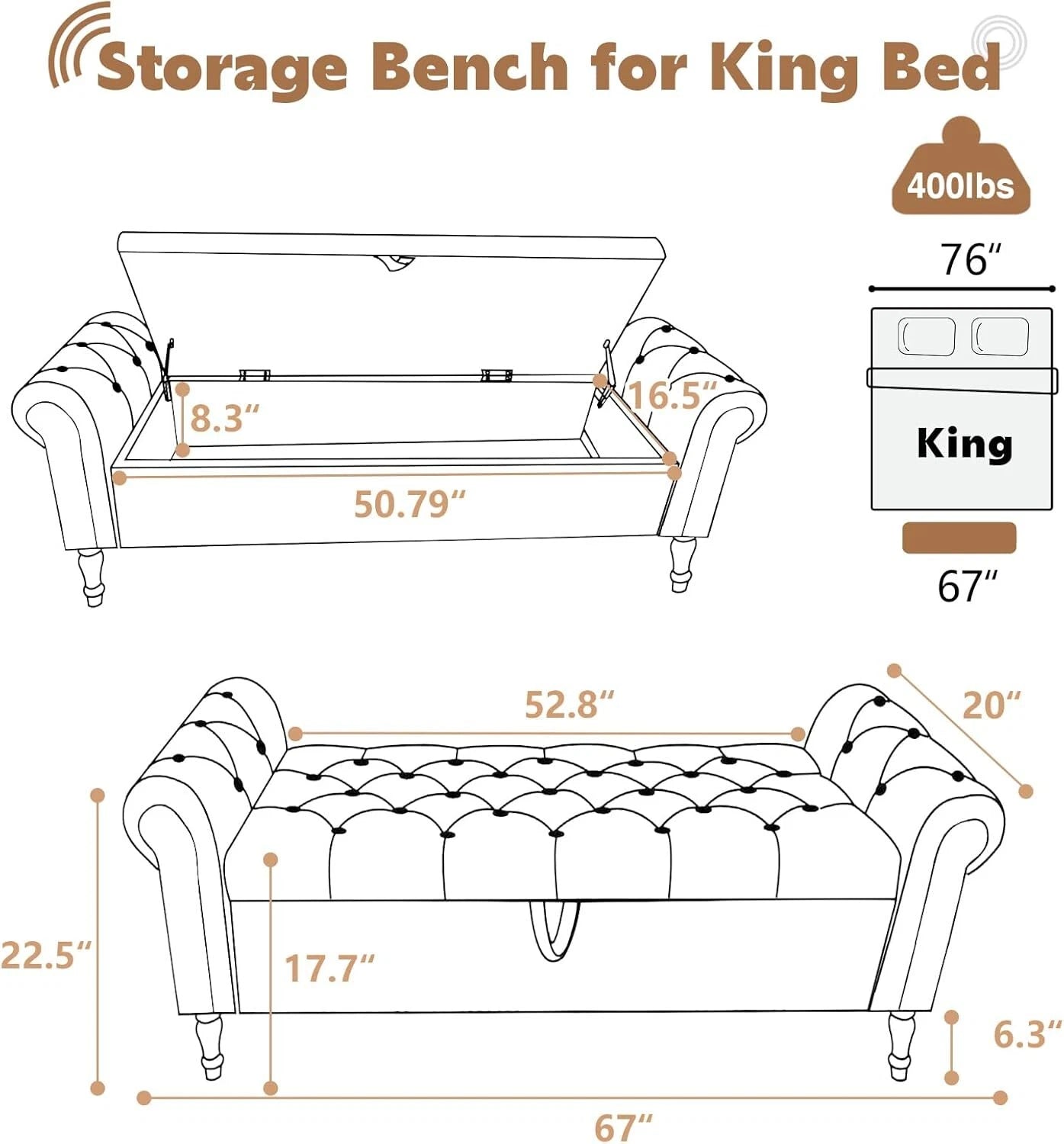 Luxury King-Size End of Bed Storage Bench – 67” Velvet Ottoman with Rolled Arms & Hidden Compartment