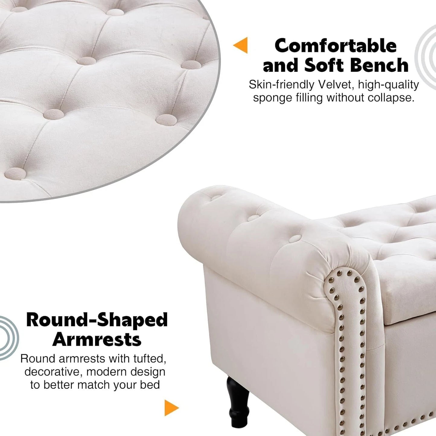 Luxury King-Size End of Bed Storage Bench – 67” Velvet Ottoman with Rolled Arms & Hidden Compartment
