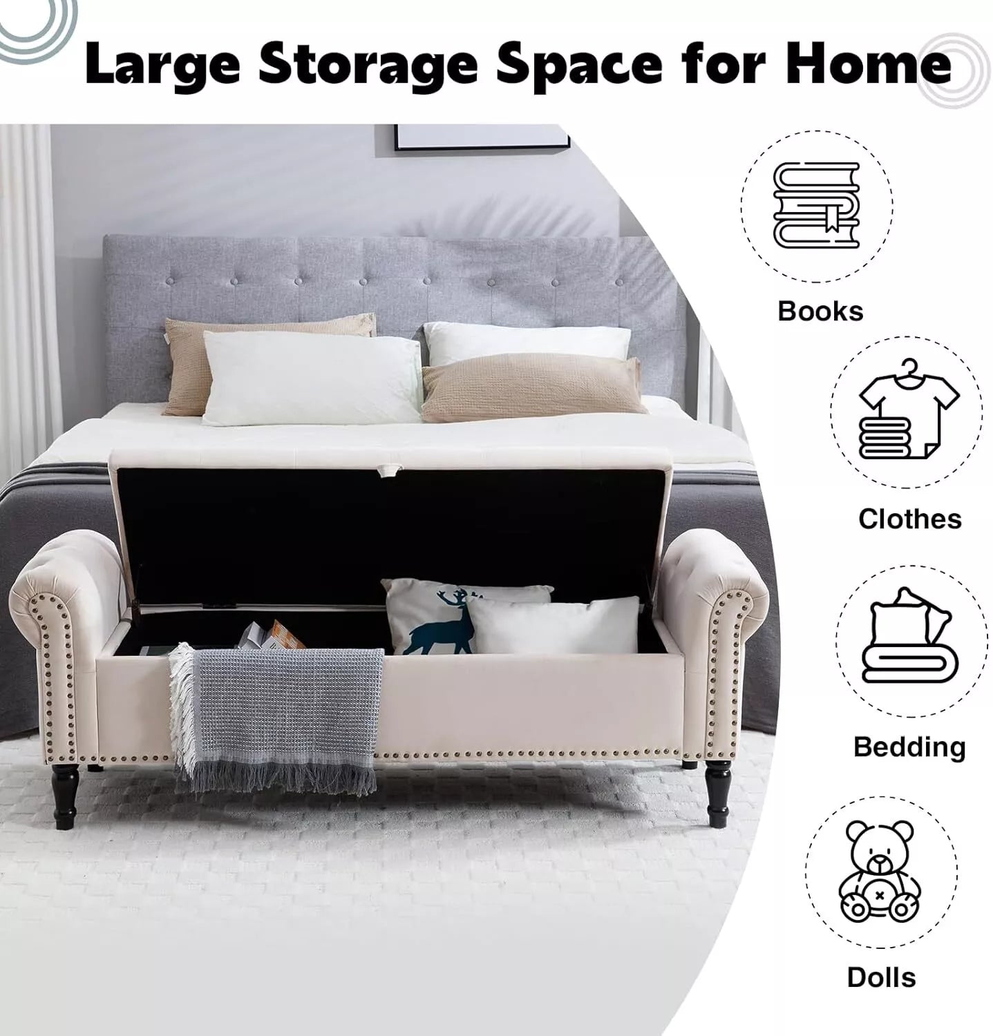 Luxury King-Size End of Bed Storage Bench – 67” Velvet Ottoman with Rolled Arms & Hidden Compartment