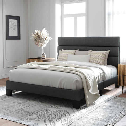 LuxeRise Upholstered Platform Bed – Queen Size with Padded Headboard & Wood Slat Support, No Box Spring Needed