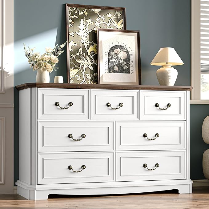 Savannah Ridge 7-Drawer Farmhouse Dresser – Vintage White Wood Chest with Metal Handles, Versatile Storage for Bedroom or Living Space