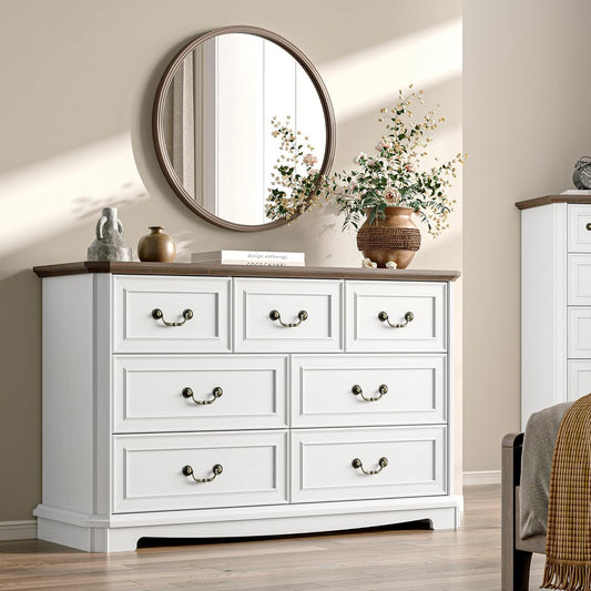 Savannah Ridge 7-Drawer Farmhouse Dresser – Vintage White Wood Chest with Metal Handles, Versatile Storage for Bedroom or Living Space