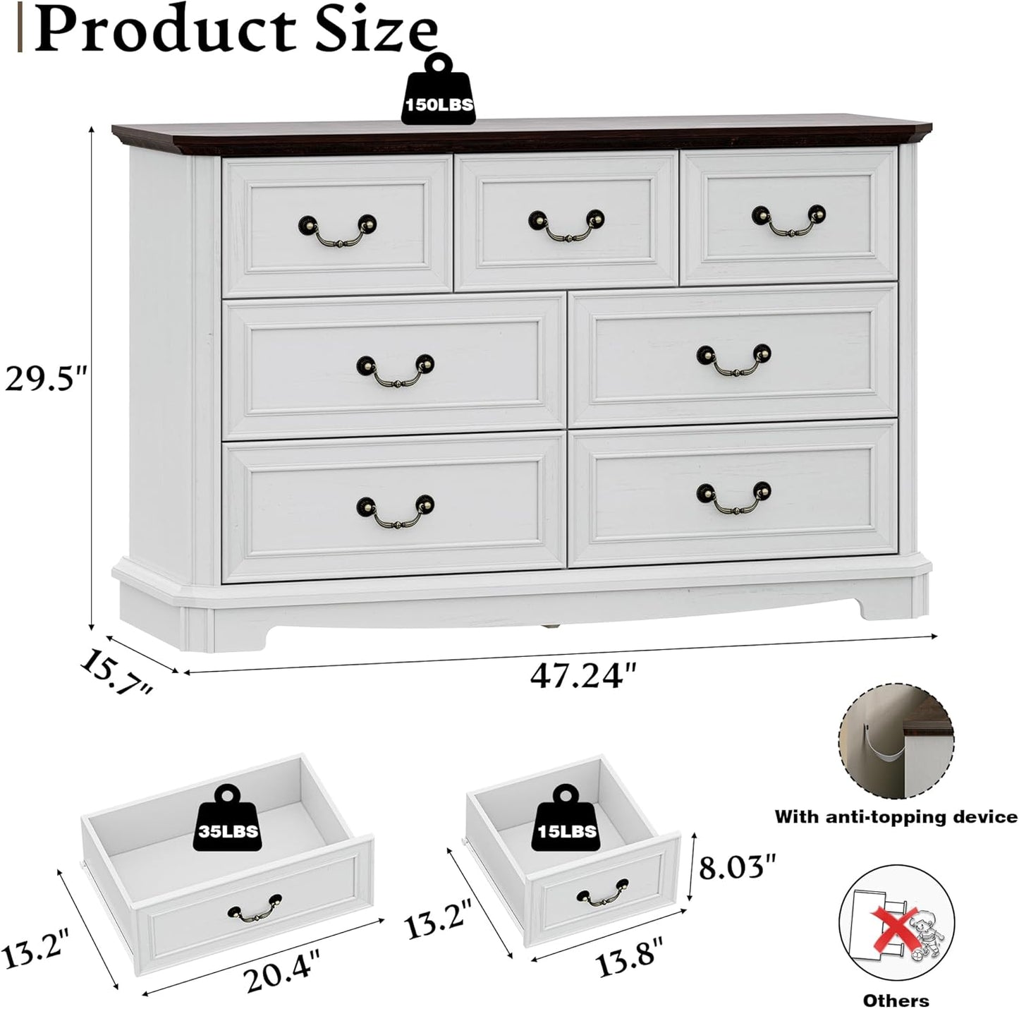 Savannah Ridge 7-Drawer Farmhouse Dresser – Vintage White Wood Chest with Metal Handles, Versatile Storage for Bedroom or Living Space