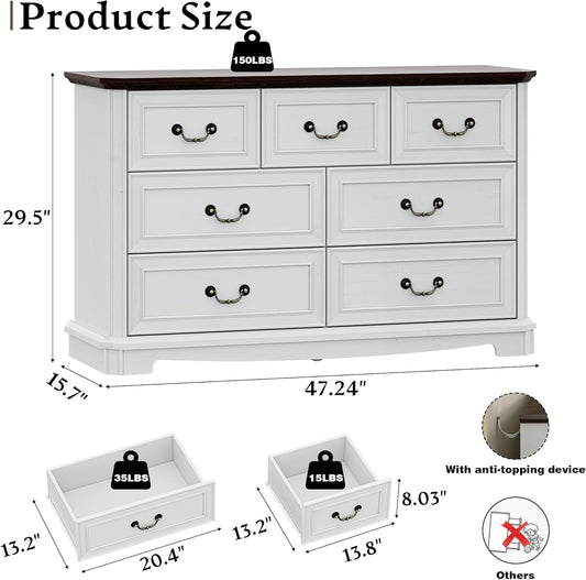 Savannah Ridge 7-Drawer Farmhouse Dresser – Vintage White Wood Chest with Metal Handles, Versatile Storage for Bedroom or Living Space