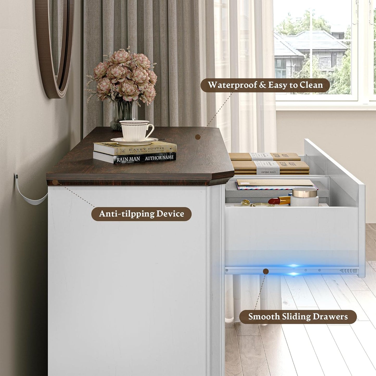 Savannah Ridge 7-Drawer Farmhouse Dresser – Vintage White Wood Chest with Metal Handles, Versatile Storage for Bedroom or Living Space