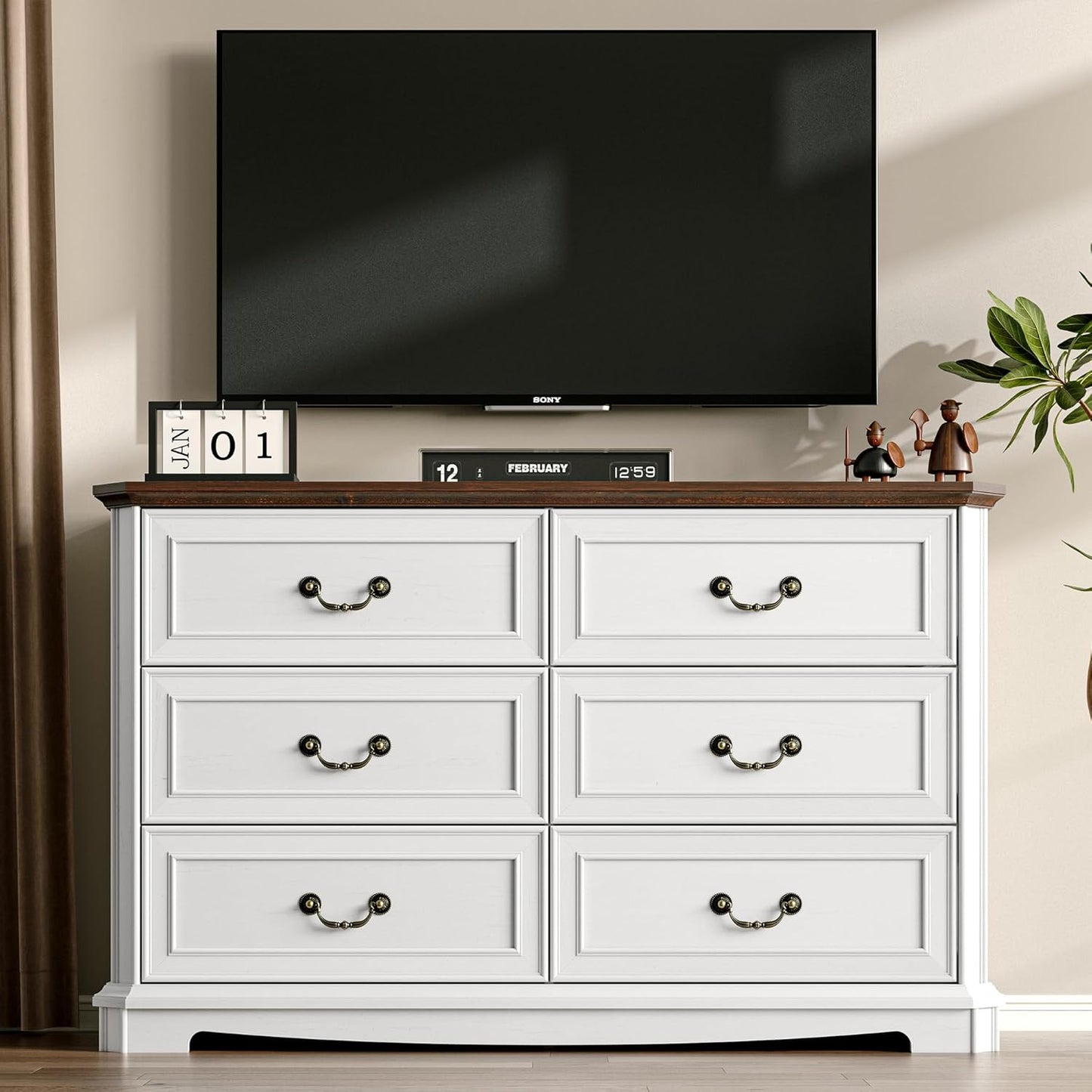 Savannah Ridge 7-Drawer Farmhouse Dresser – Vintage White Wood Chest with Metal Handles, Versatile Storage for Bedroom or Living Space