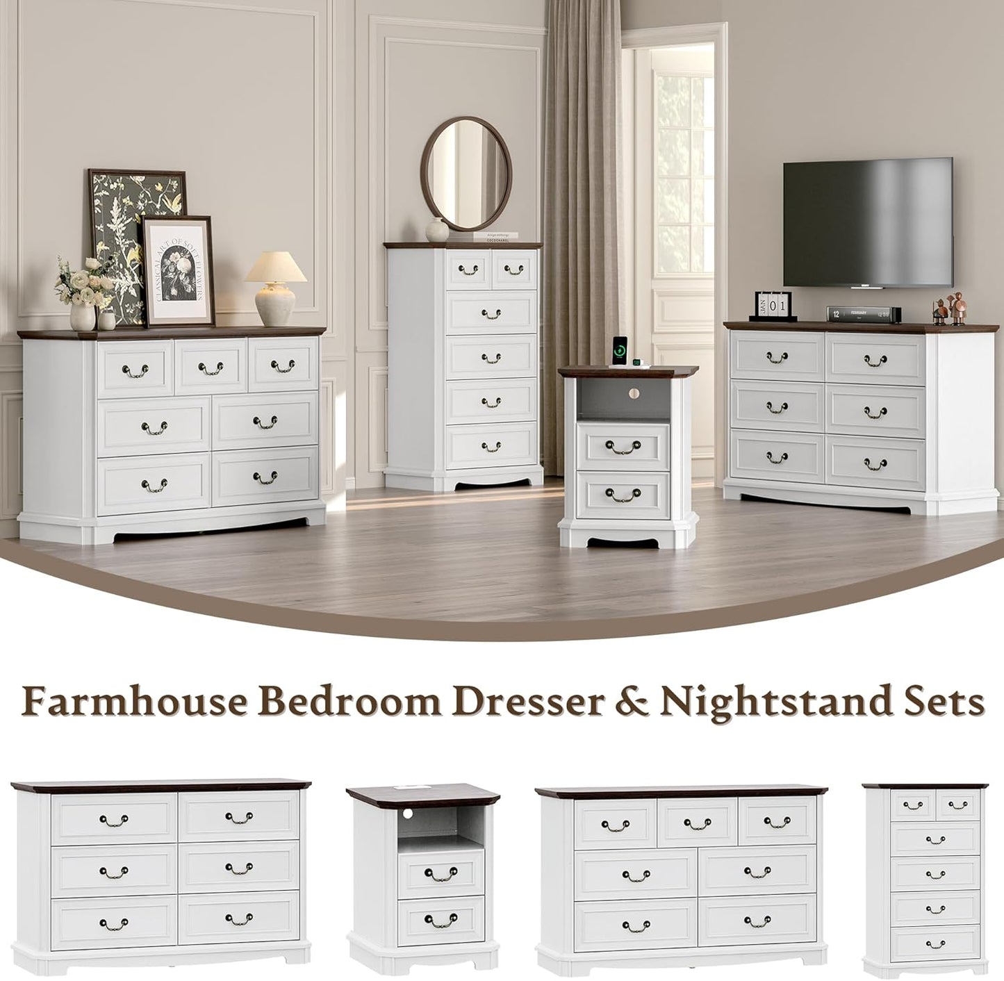 Savannah Ridge 7-Drawer Farmhouse Dresser – Vintage White Wood Chest with Metal Handles, Versatile Storage for Bedroom or Living Space