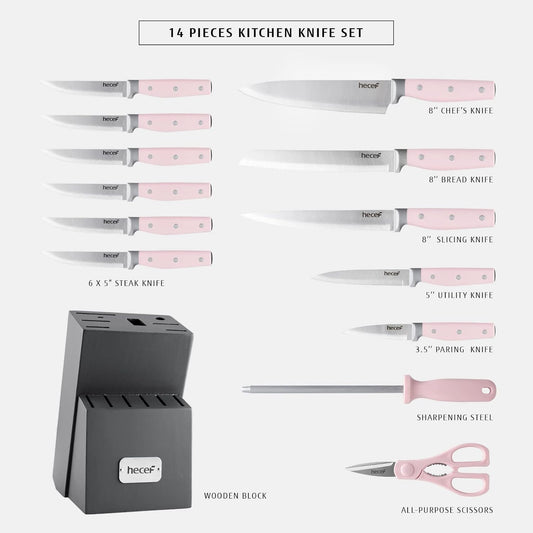 Kitchen Knife Block Set, 14 Pieces Knife Set with Wooden Block & Sharpener Steel & All-purpose Scissors, High Carbon Stainless Steel Cutlery Set (Pink)