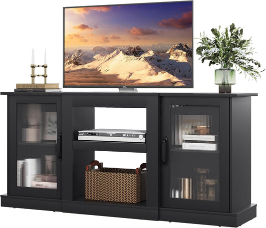 Modern Retro 58” TV Stand with Ribbed Acrylic Doors – Media Console for TVs up to 65”, Adjustable Shelves & Cable Management