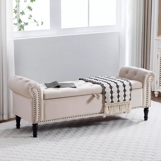 Luxury King-Size End of Bed Storage Bench – 67” Velvet Ottoman with Rolled Arms & Hidden Compartment