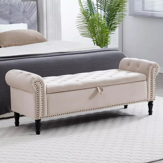 Luxury King-Size End of Bed Storage Bench – 67” Velvet Ottoman with Rolled Arms & Hidden Compartment